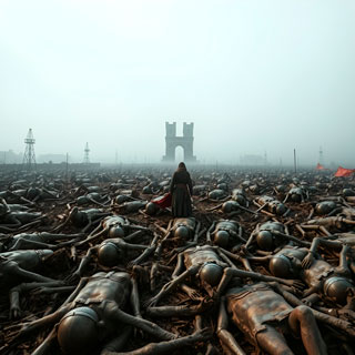 One man stands, the rest has fallen